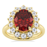 AGI Certified 3CTW Oval Lab Ruby Princess Diana Ring With Lab Diamond Halo in Choice of 14K White or Yellow Gold - 9x7mm