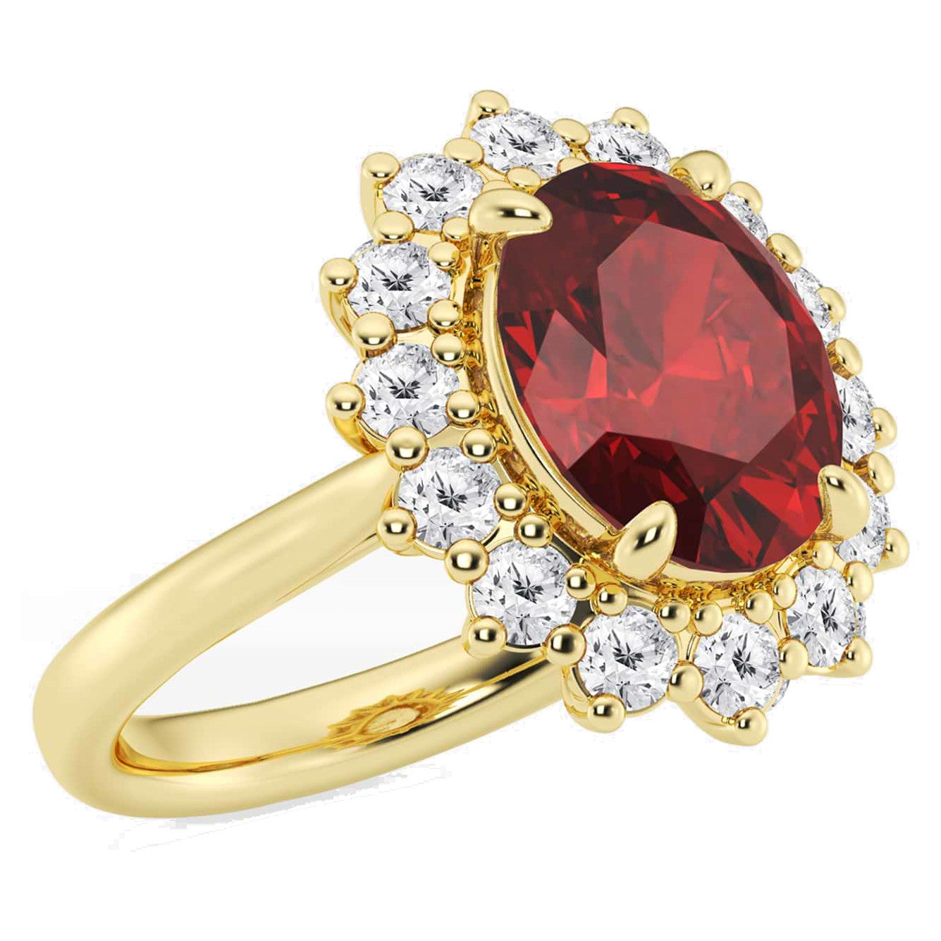 3CTW Oval Lab Ruby Princess Diana Ring With Lab Diamond Halo in 14K ...