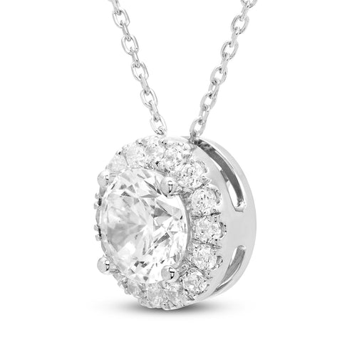 2.00 CTW AGI Certified Lab-Grown Diamond Halo Pendant Necklace in 14kt White Gold