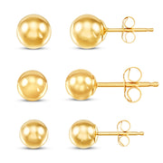 14K Yellow Gold Ball Stud Earrings Set – 3 Sizes (4mm, 5mm, 6mm) with Friction Backs