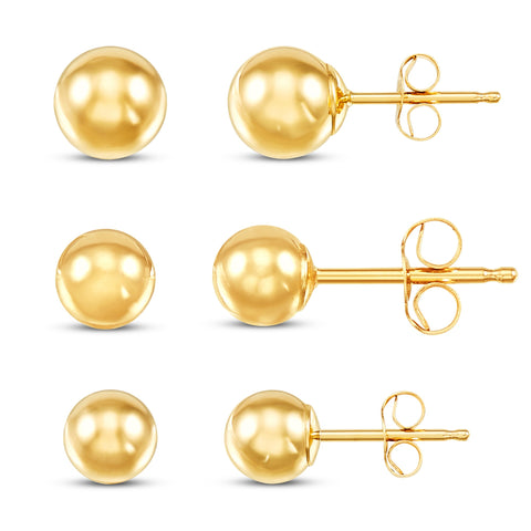 14K Yellow Gold Ball Stud Earrings Set – 3 Sizes (4mm, 5mm, 6mm) with Friction Backs