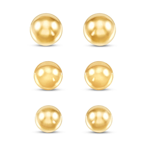 14K Yellow Gold Ball Stud Earrings Set – 3 Sizes (4mm, 5mm, 6mm) with Friction Backs