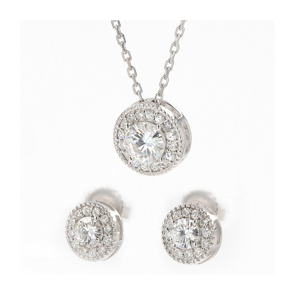 AGI Certified 1.25 CTW Lab Grown Diamond Halo Earring & Pendant Set in 14kt Over .925 Sterling Silver