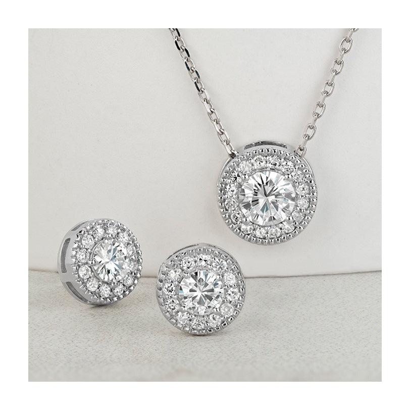 AGI Certified 1.25 CTW Lab Grown Diamond Halo Earring & Pendant Set in 14kt Over .925 Sterling Silver