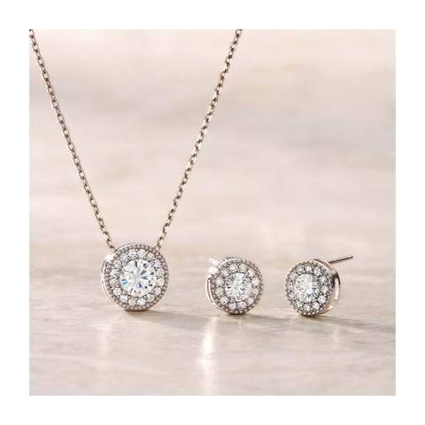 AGI Certified 1.25 CTW Lab Grown Diamond Halo Earring & Pendant Set in 14kt Over .925 Sterling Silver