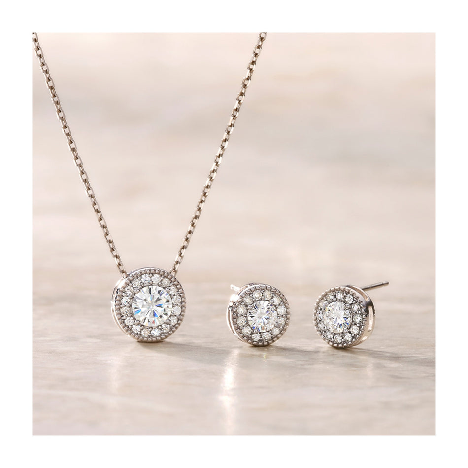 AGI Certified 1.25 CTW Lab Grown Diamond Halo Earring & Pendant Set in 14kt Over .925 Sterling Silver