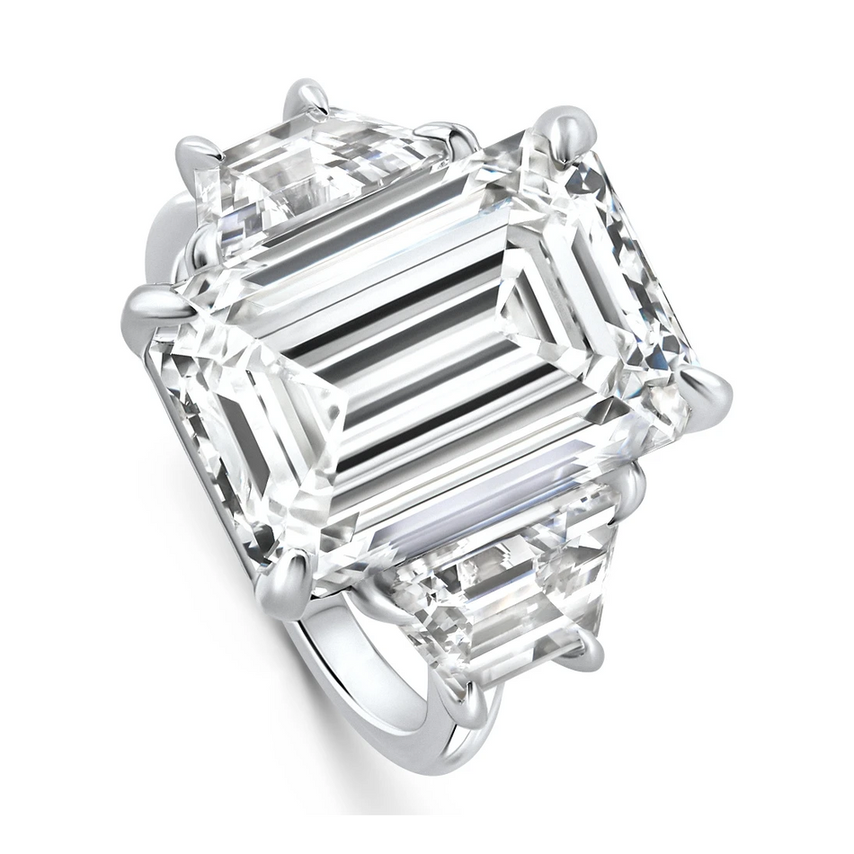 AGI Certified 14.14Ctw Emerald Cut Lab Grown Diamond Engagement Ring 14K White Gold Three-Stone (E/VS)