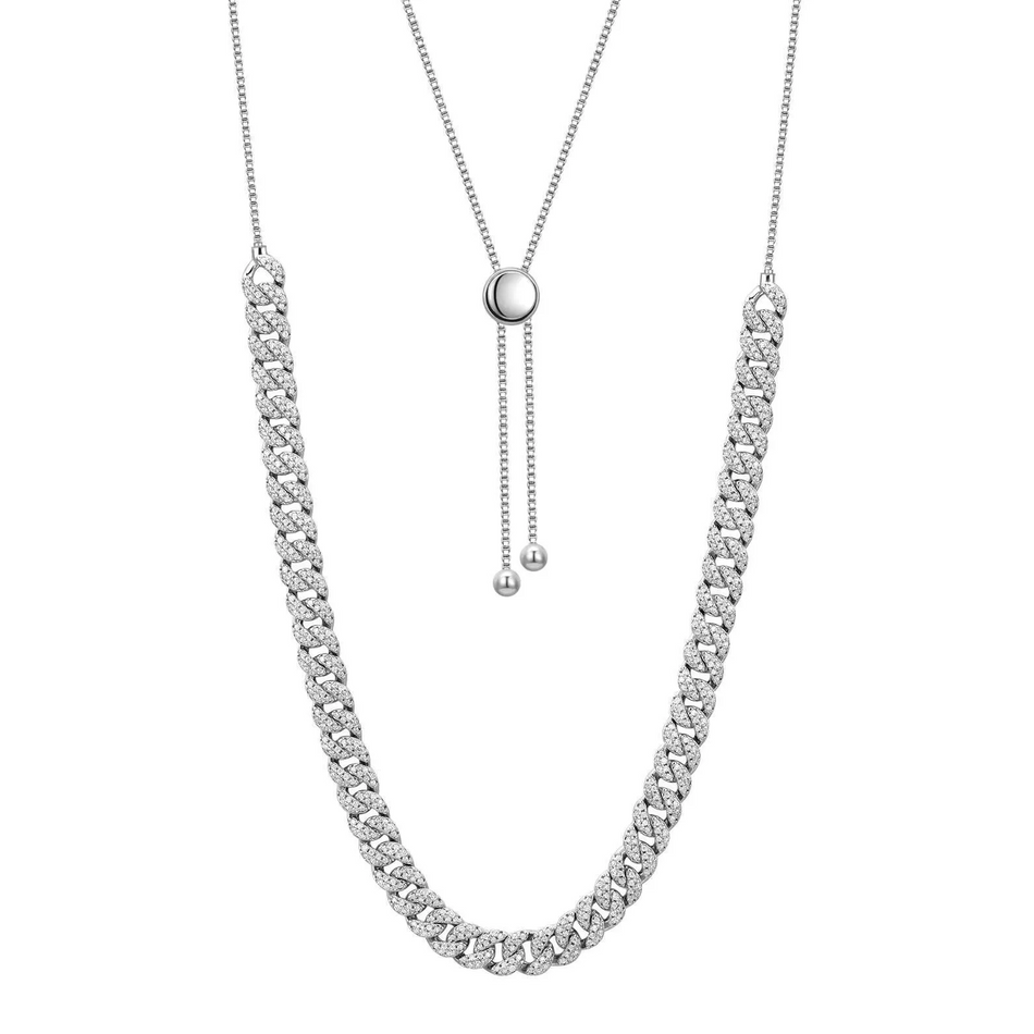 Moissanite Cross Pendant with Adjustable Cuban Link Chain in 14K White Gold Over 925 Sterling Silver
