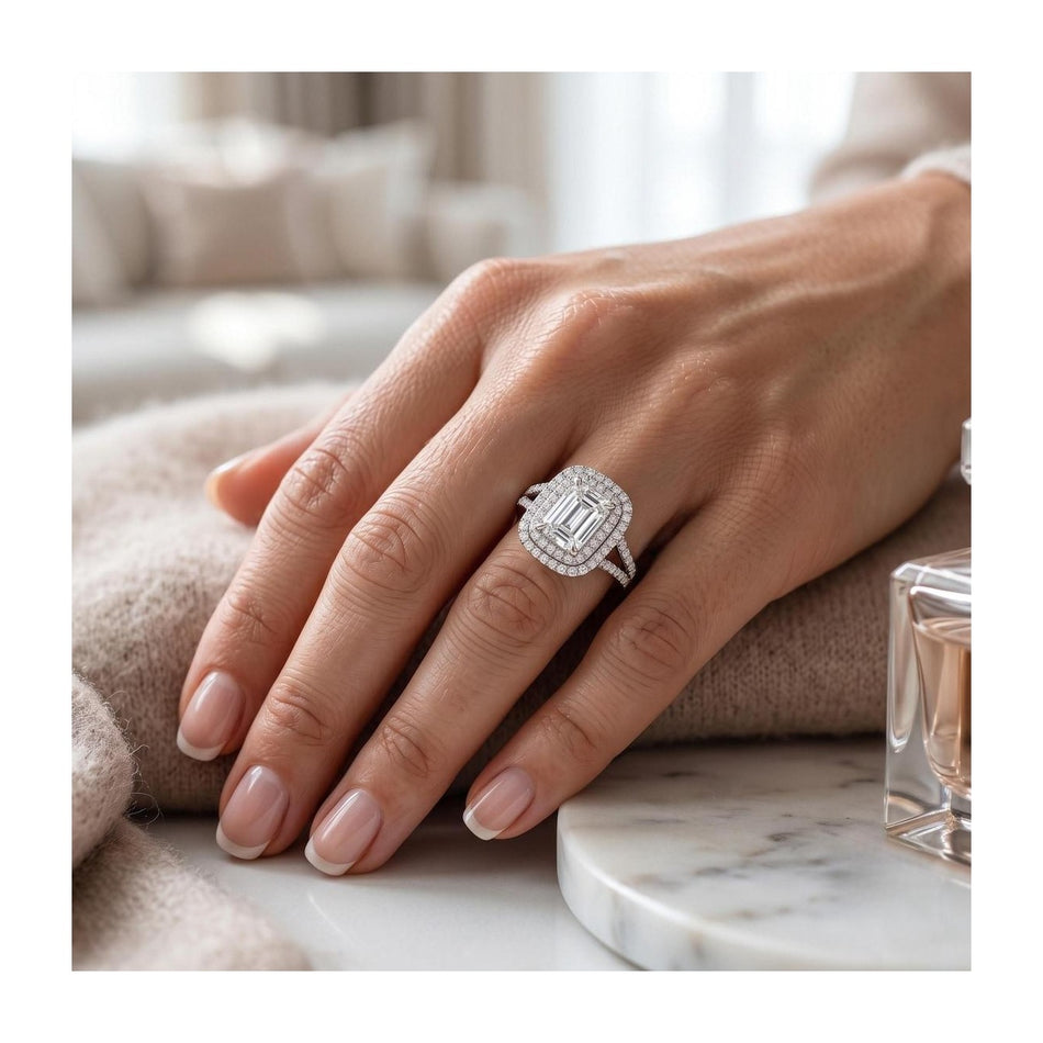 Certified 4.50 CTW Emerald Cut Moissanite Double Halo Split Shank Engagement Ring 14K Over .925