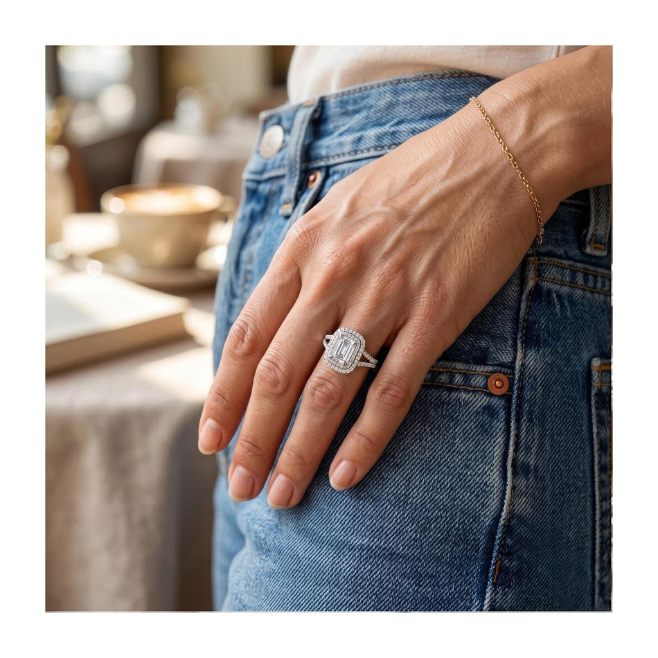 Certified 4.50 CTW Emerald Cut Moissanite Double Halo Split Shank Engagement Ring 14K Over .925