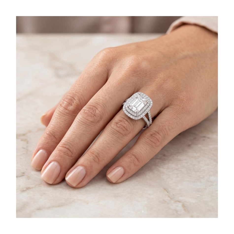 Certified 4.50 CTW Emerald Cut Moissanite Double Halo Split Shank Engagement Ring 14K Over .925