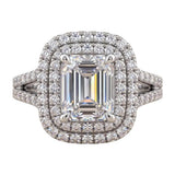 Certified 4.50 CTW Emerald Cut Moissanite Double Halo Split Shank Engagement Ring 14K Over .925