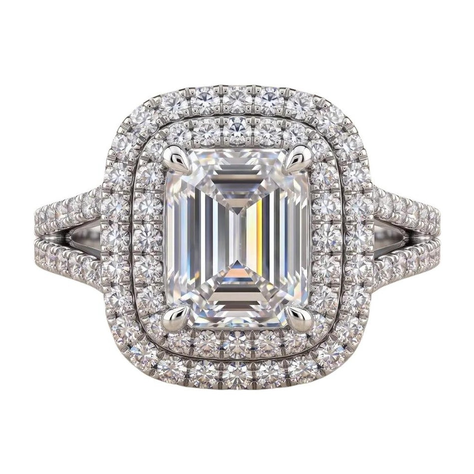 Certified 4.50 CTW Emerald Cut Moissanite Double Halo Split Shank Engagement Ring 14K Over .925