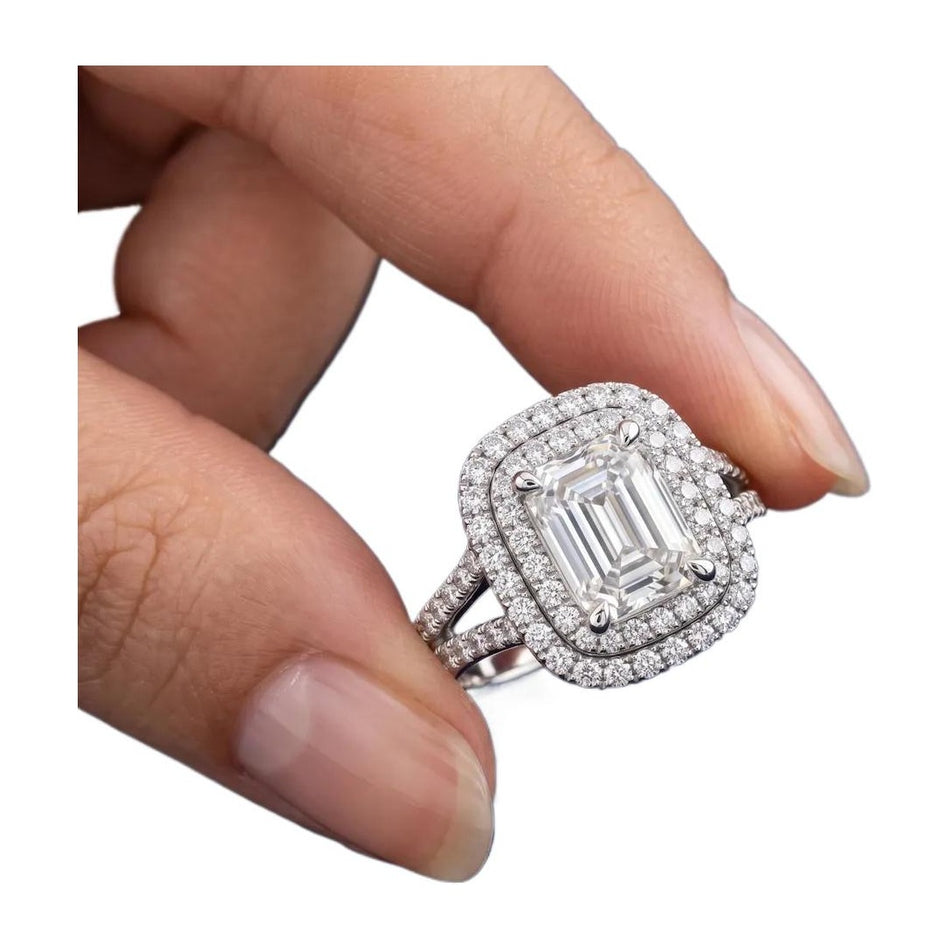 Certified 4.50 CTW Emerald Cut Moissanite Double Halo Split Shank Engagement Ring 14K Over .925