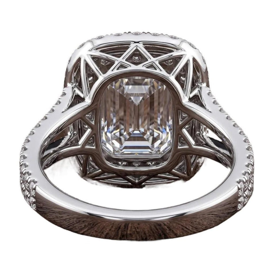 Certified 4.50 CTW Emerald Cut Moissanite Double Halo Split Shank Engagement Ring 14K Over .925