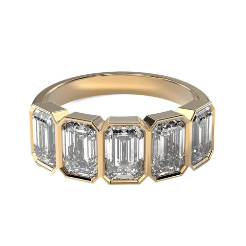 AGI Certified 3.50 CTW Emerald Cut Five Stone Bezel Set Lab Grown Diamond Band 14k Gold