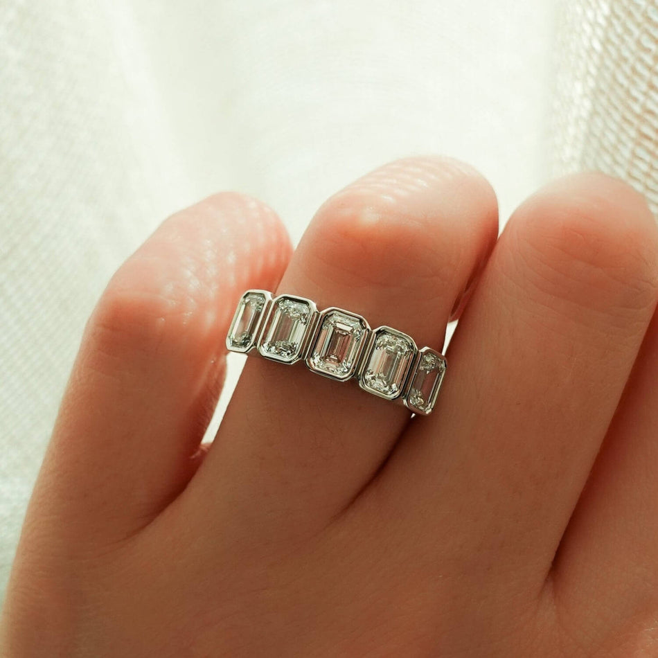 AGI Certified 3.50 CTW Emerald Cut Five Stone Bezel Set Lab Grown Diamond Band 14k Gold