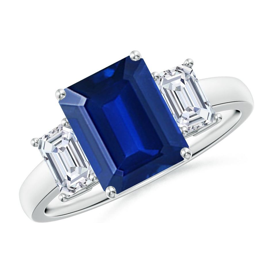 AGI Certified 6.50 CTW Lab-Grown Emerald-Cut Blue Sapphire and Diamond Three Stone Engagement Ring in 14K White Gold