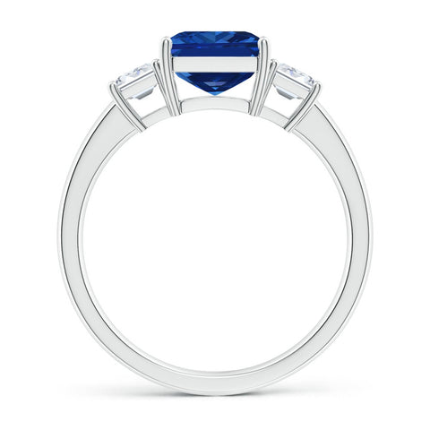 AGI Certified 6.50 CTW Lab-Grown Emerald-Cut Blue Sapphire and Diamond Three Stone Engagement Ring in 14K White Gold