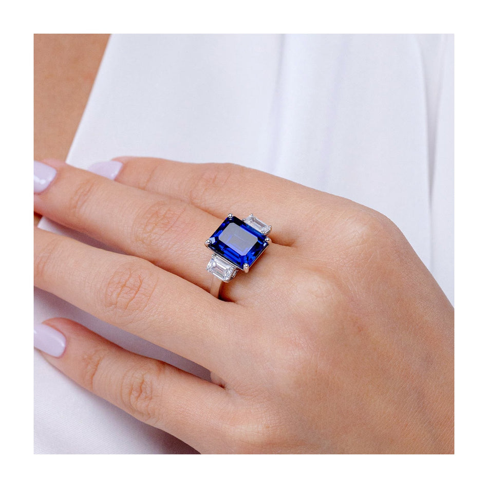 AGI Certified 6.50 CTW Lab-Grown Emerald-Cut Blue Sapphire and Diamond Three Stone Engagement Ring in 14K White Gold