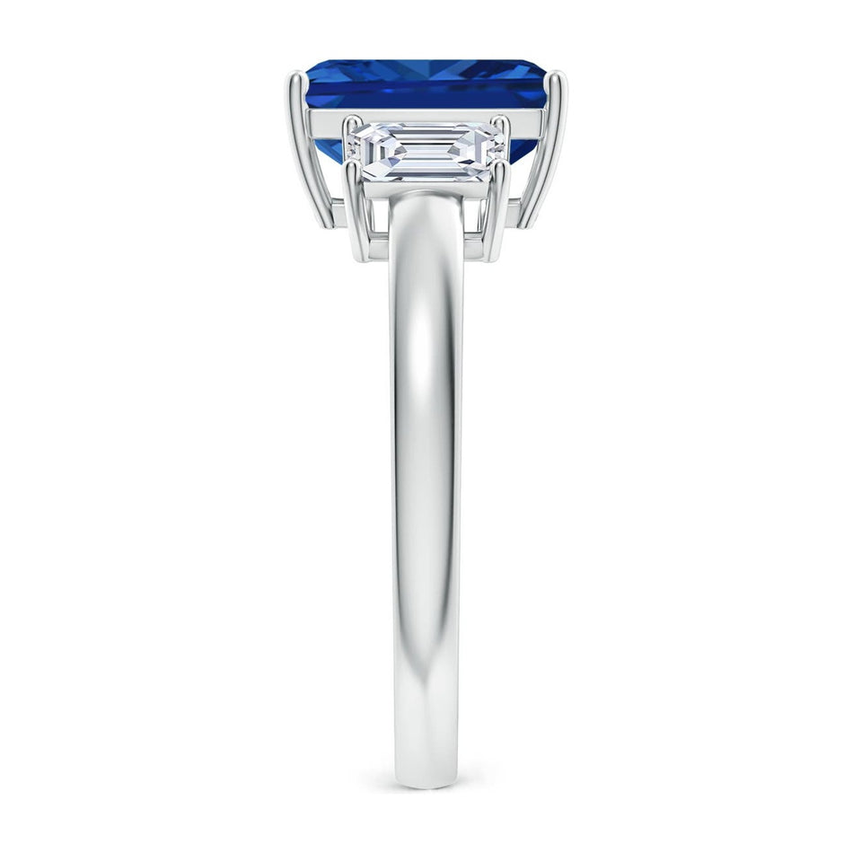 AGI Certified 6.50 CTW Lab-Grown Emerald-Cut Blue Sapphire and Diamond Three Stone Engagement Ring in 14K White Gold