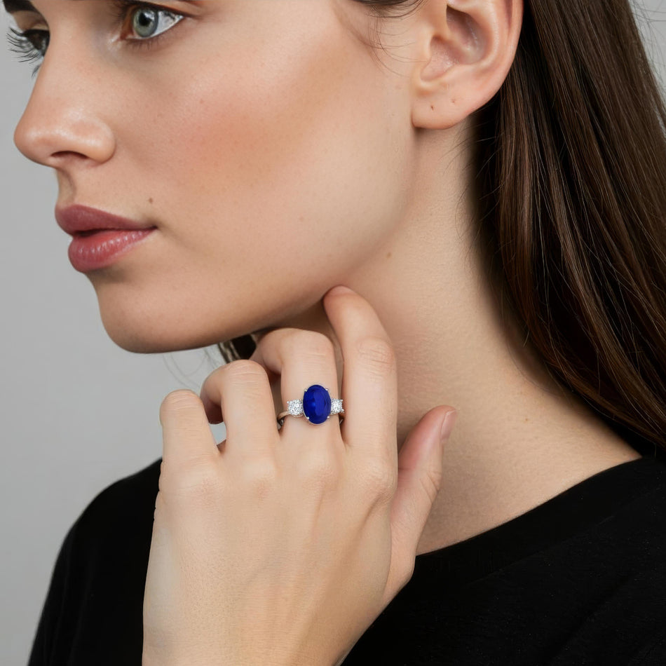 2.50 CTW Oval Lab-Grown Blue Sapphire Diamond Three-Stone Engagement Ring AGI Certified 8×6mm 14K White Gold