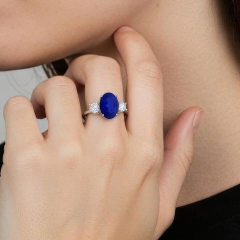 2.50 CTW Oval Lab-Grown Blue Sapphire Diamond Three-Stone Engagement Ring AGI Certified 8×6mm 14K White Gold