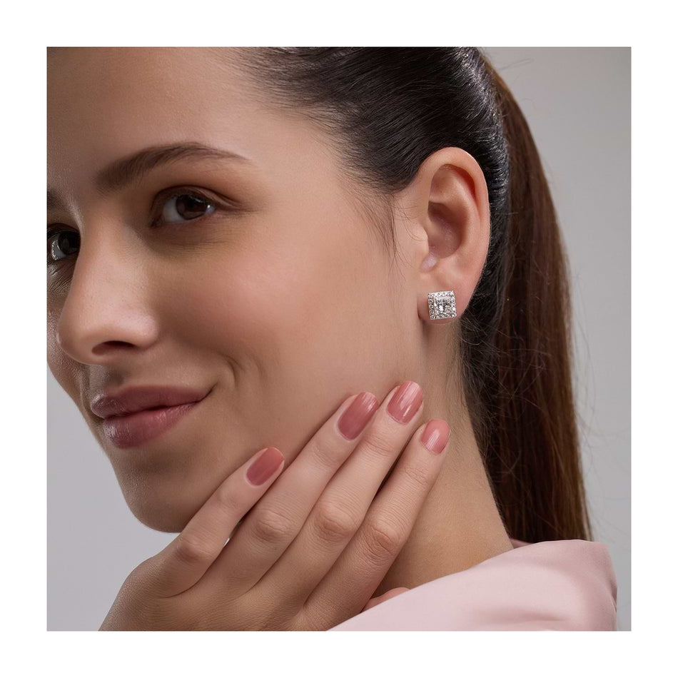2.00 CTW Princess Cut Created White Sapphire Halo Stud Earrings in 14K White Gold Overlay