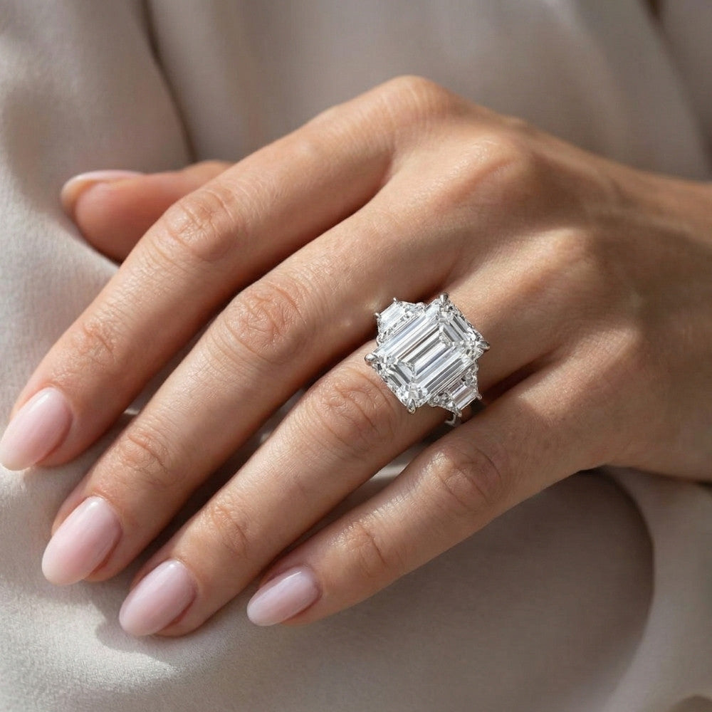 AGI Certified 14.14Ctw Emerald Cut 3 Stone Lab Diamond Ring 14K Gold ...
