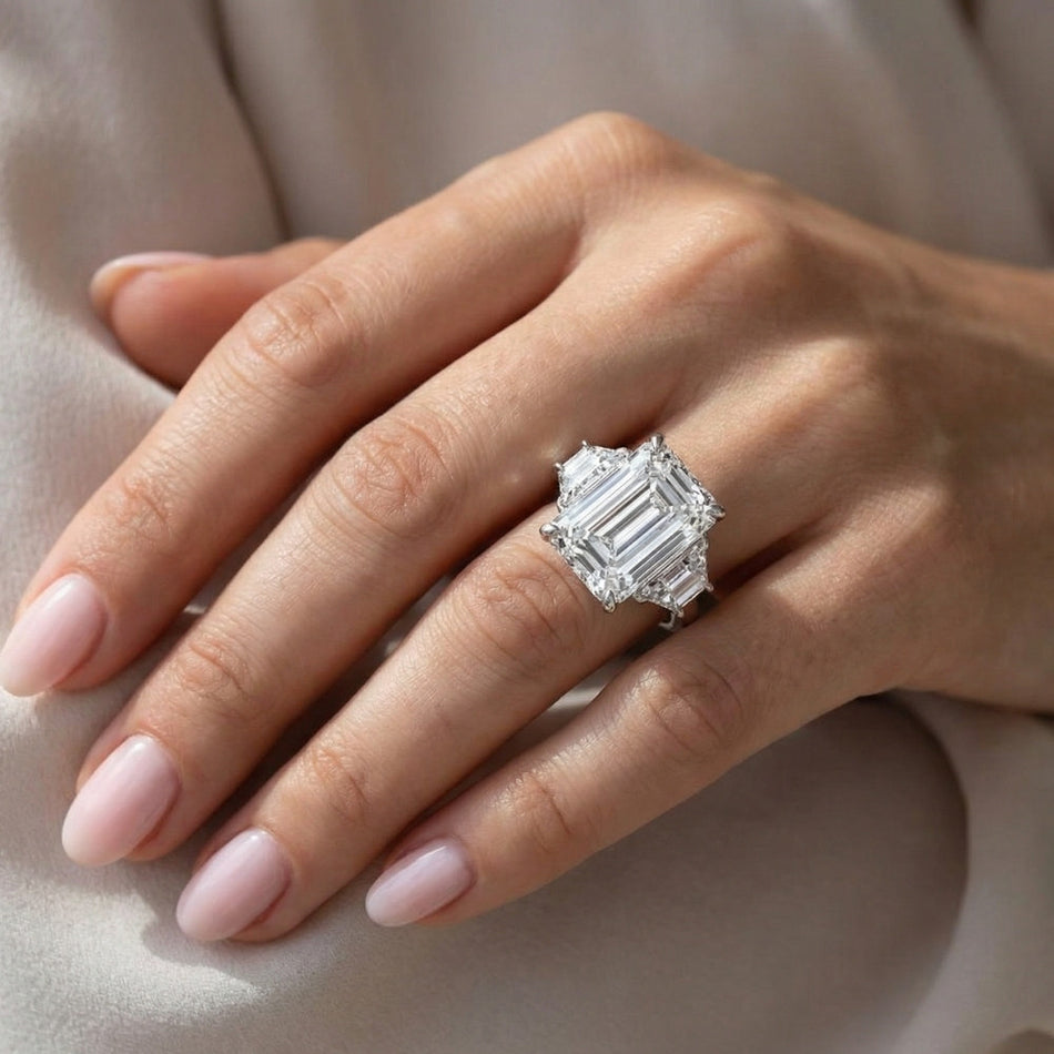 AGI Certified 14.14Ctw Emerald Cut Lab Grown Diamond Engagement Ring 14K White Gold Three-Stone (E/VS)