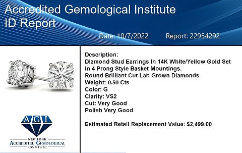 0.50 ctw Lab Grown Diamond Stud Earrings in 14k White/Yellow Gold (G-VS)